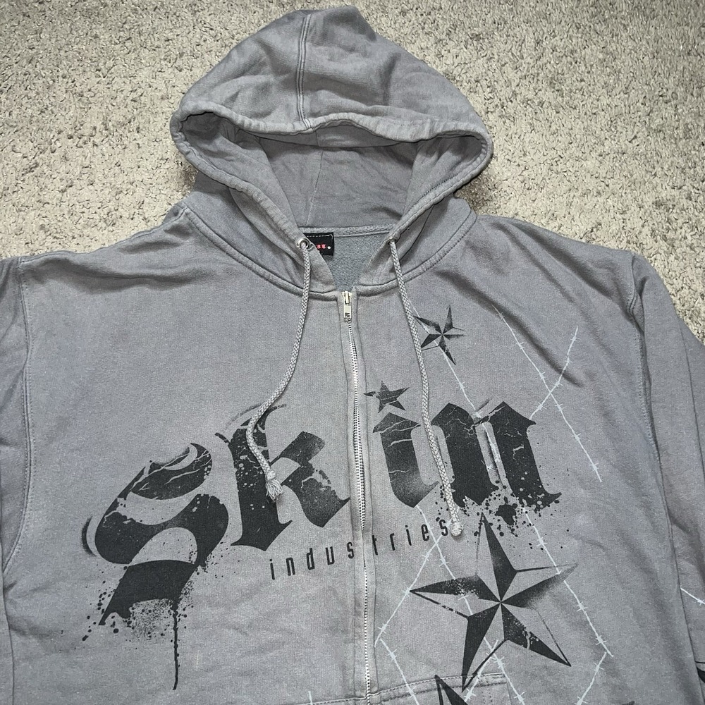 Vintage Y2K Skin Industries Gray Zip Up Skate Hoodie Spell Out LARGE